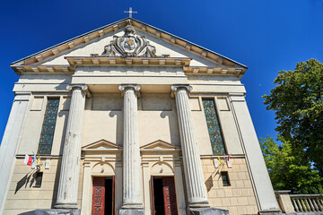 Facade of a neoclassical Catholic church in Poznan