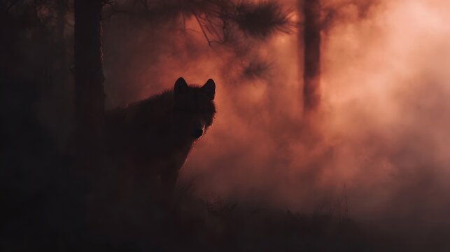 Wolf in smoky red lit burning forest
