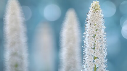 Close up of white flowering plant with blurred blue background, botanical detail