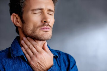 Fototapeta premium Man suffering from sore throat touching neck