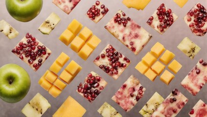 Floating arrangement of fruit, cheese, and baked squares on a neutral ground