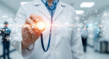 A person in a white lab coat holds a glowing stethoscope with a digital network and various icons superimposed over a blurred modern interior