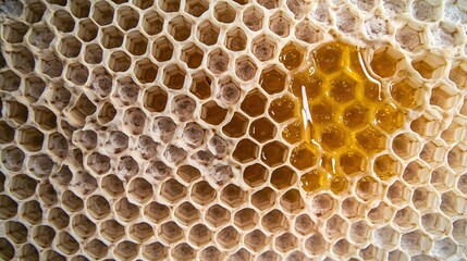 Natural honeycomb with golden honey dripping, close-up macro texture and details.