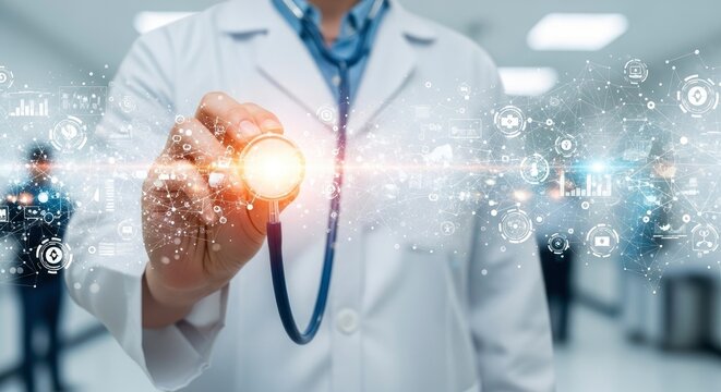 A person in a white lab coat holds a glowing stethoscope with a digital network and various icons superimposed over a blurred modern interior
