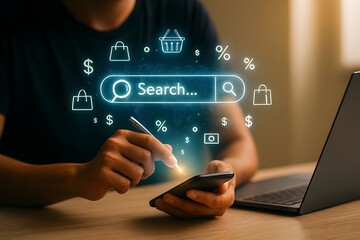 E-commerce and online shopping concept with man using smartphone to browse products and make digital purchases, illustrating mobile commerce, and the shift toward digital retail experiences