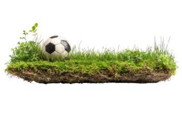 A realistic soccer ball resting on a patch of grass with a vibrant green background ideal for outdoor sports themes.