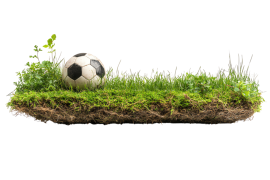 A realistic soccer ball resting on a patch of grass with a vibrant green background ideal for outdoor sports themes.