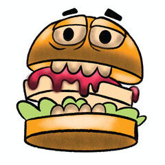 Cartoon burger food drawing features funny eyes and dripping sauce with lettuce on white background