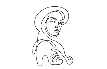 continuous line drawing of a woman wearing a wide-brimmed hat.Abstract linear. Minimalist girl portrait line art on a white background, modern fashion,and artistic.Beauty and glamour.Head fashion.
