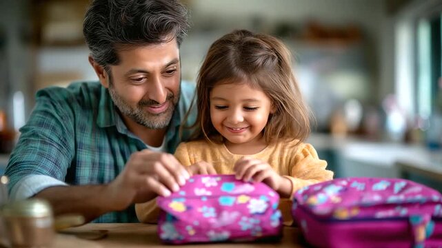 A father and daughter laughing while packing her school bag in a cozy kitchen, father daughter morning routine, school preparation bonding, family morning joy, parent child school