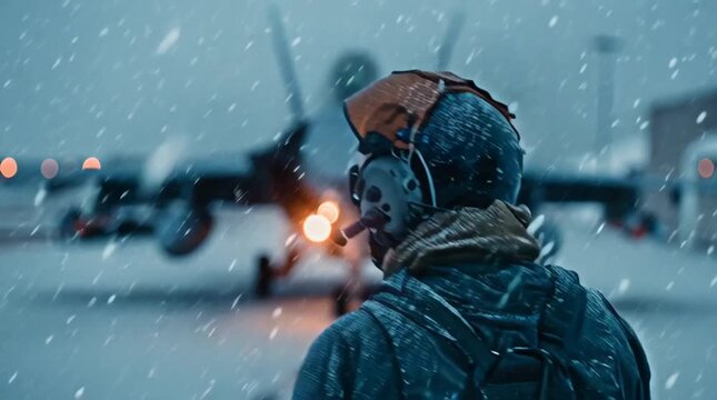 Aviation Warrior in Winter: A focused aviator, bundled against the cold, surveys a fighter jet in the midst of a snowy landscape, exuding strength and determination amidst the elements.