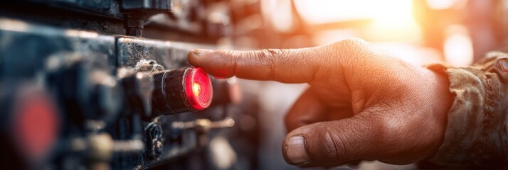 Hand Pressing a Button on a Control Panel at Sunrise in an Industrial Setting