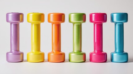 Six colorful dumbbells in a row