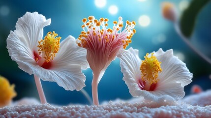 Dreamy hibiscus flower macro with glowing light background and smooth petals
