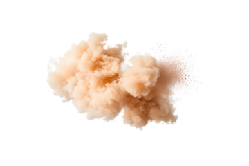 A soft, fluffy cloud of peach-colored powder dispersing against a white isolated background, creating a whimsical and artistic effect.