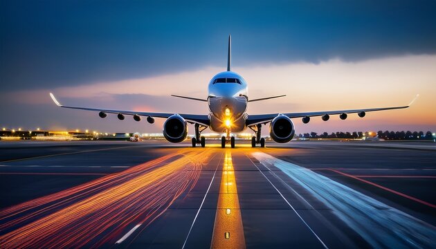 a wide body airliner lines up on a glowing runway at dusk landing lights blazing and engines poised for takeoff with a sea of taxiway lights and terminal glow in the distance
