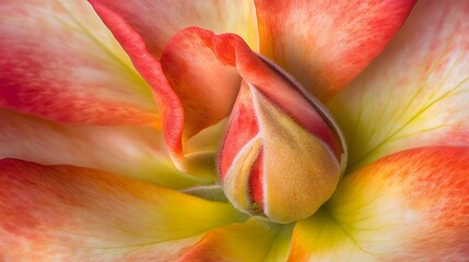 Macro photograph of a vibrant peach and yellow gladiolus flower bud
