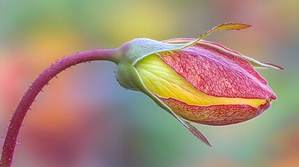 Close up of a lady slipper orchid bud with vibrant colors and macro details