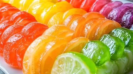 Candied citrus slices in vibrant colors arranged in a row, close up image