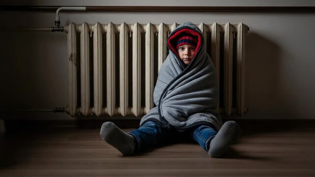 Child cold at home due to lack of heating, wrapped in blanket, sitting near radiator. Child seeks warmth, shivering with discomfort, feeling the winter's chill.