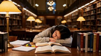An exhausted female student has fallen asleep at her desk in the library late at night, surrounded by books, a concept of academic burnout, exam stress, and educational pressure - Powered by Adobe