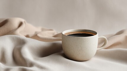 Minimalist modern cafe imagery with coffee cup on smooth background, neutral tones and relaxed cozy vibe