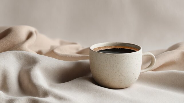 Minimalist modern cafe imagery with coffee cup on smooth background, neutral tones and relaxed cozy vibe