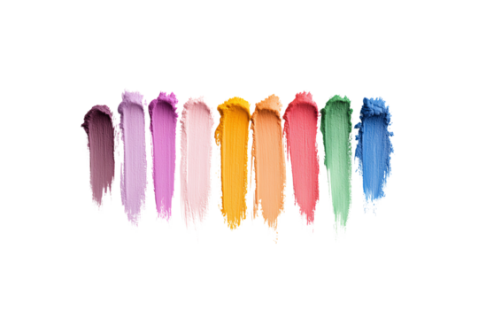 A vibrant array of colorful paint strokes arranged in a linear fashion against a white isolated background, perfect for design projects.