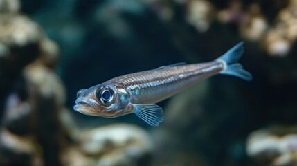 Tiny silver fish swims in blue water, clear eye, detailed scales