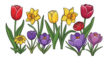 A vibrant collection of spring flowers including tulips daffodils and crocuses in full bloom.