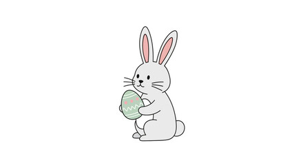 Obraz premium Cute cartoon white bunny rabbit holding a green Easter egg.
