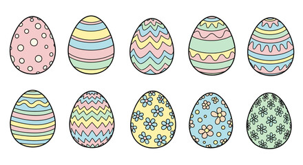 Collection of ten colorful and decorative Easter eggs with unique patterns.