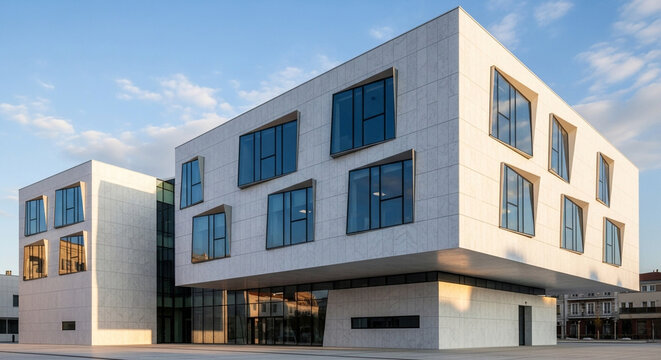 Modern architecture showcasing a cubic building with concrete facade and multiple windows against a blue sky in a residential area during daytime