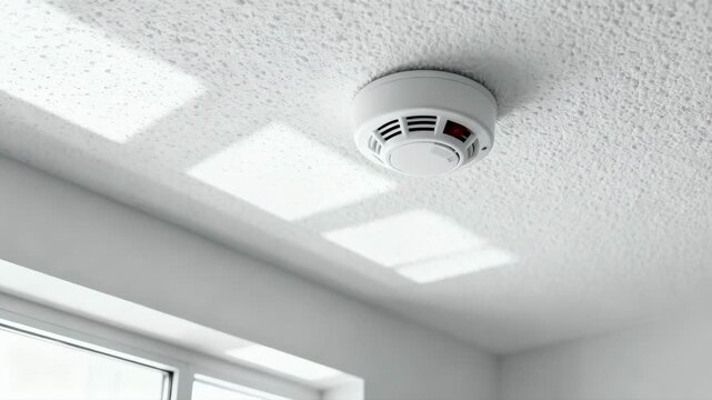 A white smoke detector with a flashing red indicator light is mounted on a white ceiling, a crucial device for fire alarm systems, home safety, and emergency prevention