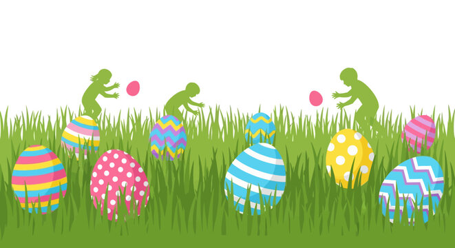 Easter Egg Hunt with Children Silhouettes and Decorated Eggs.