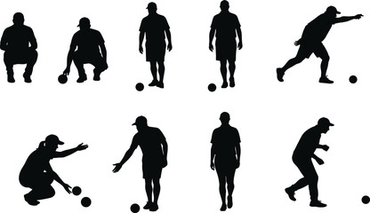 Silhouette of people playing bocce ball, outdoor leisure activity, men and women throwing balls, sports game, teamwork, summer recreation, competition