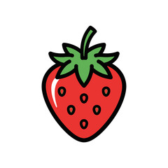 Fototapeta premium Vibrant cartoon strawberry illustration with green leaves and black outline on white background.