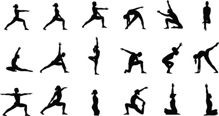Yoga silhouette poses vector illustration, meditation exercise, stretching fitness, wellness activity design, healthy lifestyle, balance, relaxation, spiritual practice, mindful movement