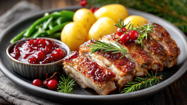 Classic Norwegian ribbe: roasted pork ribs with cranberry sauce, golden potatoes and crisp green beans on a rustic plate, warm festive holiday meal scene
