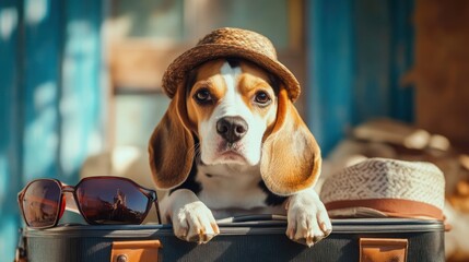 Beagle Puppy Wearing Straw Hat Sitting in Travel Suitcase