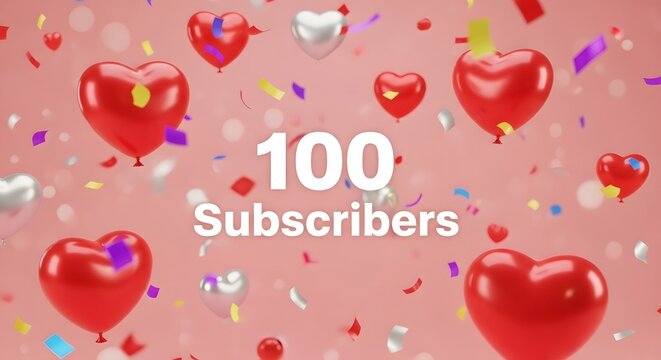 Festive celebration of reaching 100 subscribers with heart balloons and confetti on a pink background.