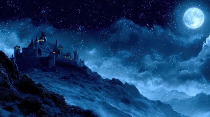 Mystical castle silhouetted on a hill beneath a glowing full moon and starry night