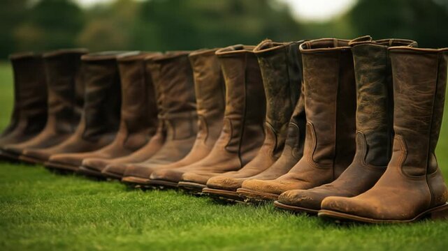 Leather boots in a row on green grass