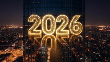 Glowing numbers 2026, reflecting on glass building at night, represent year 2026. Year 2026 illuminated on the dark building facade, with cityscape in background, creates modern image. - Powered by Adobe