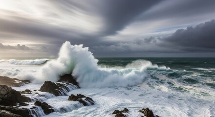 Obraz premium Powerful ocean wave crashing against dark rocks on a stormy day. Dynamic sea landscape for nautical adventure and nature concept.