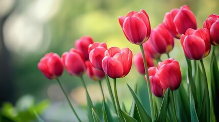 Red Tulip Flowers Blooming in Garden with Bokeh Background