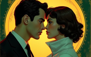 Team one woman and two men, love triangle, detective cover, poster, advertisement, Green and Golden backround, art nouveau Vintage inspiration, Generative AI. High quality