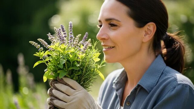 Woman smelling herbs in garden, she holds a fresh bundle of aromatic herbs. Woman is enjoying a summer day by smelling herbs she has gathered.