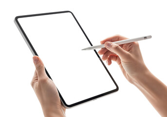 Hand holding a tablet computer with a stylus pen, isolated on transparent background