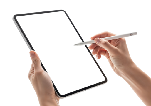Hand holding a tablet computer with a stylus pen, isolated on transparent background